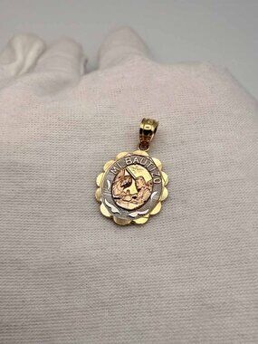 14K Tri Color Gold Mi Bautizo Oval  Pendant